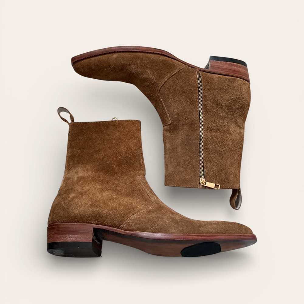 Custom Made Brown Suede Side Zip Boots 12 - 13‎ Leather Sole Artisan Pointed Toe - Picture 4 of 11